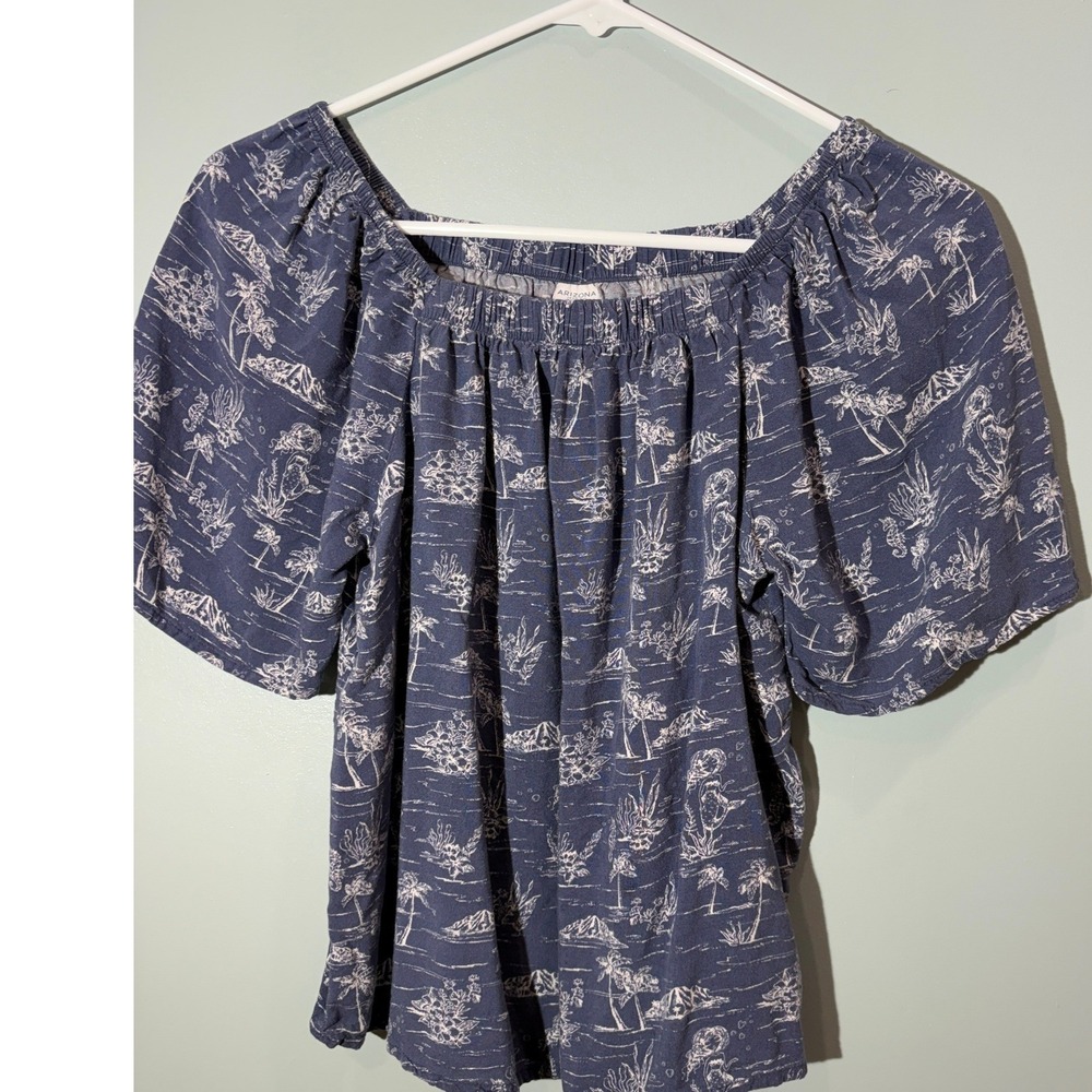 Arizona Jean Co Womens Blue Tropical Palm Tree Print Square Neck Blouse Large